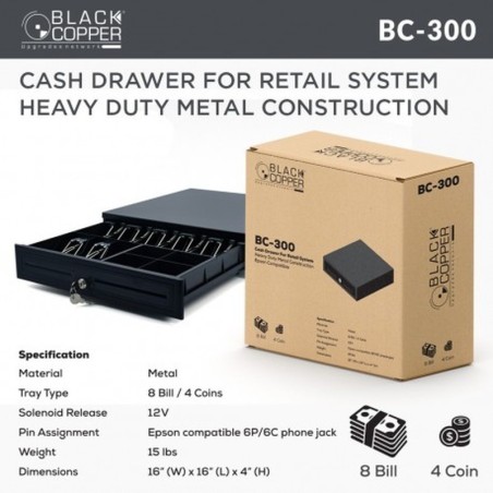 BlackCopper BC300 Heavy Duty Metal Cash Drawer, 8 Bill / 4 Coin