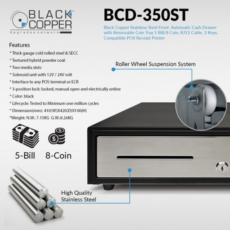 BlackCopper BCD350ST Stainless Steel Front Cash Drawer, 5 Bill / 8 Coin