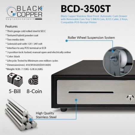 BlackCopper BCD350ST Stainless Steel Front Cash Drawer, 5 Bill / 8 Coin