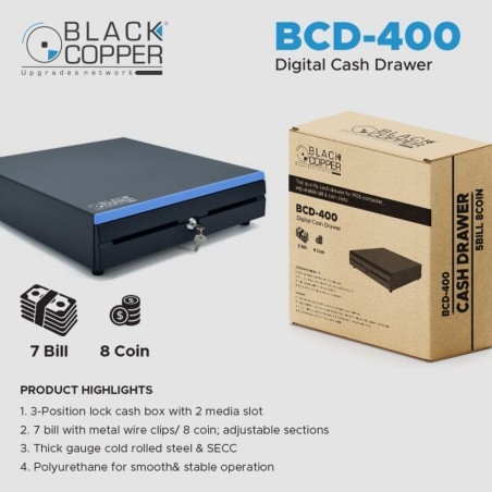 BlackCopper BCD400 Digital Cash Drawer, 7 Bill / 8 Coin
