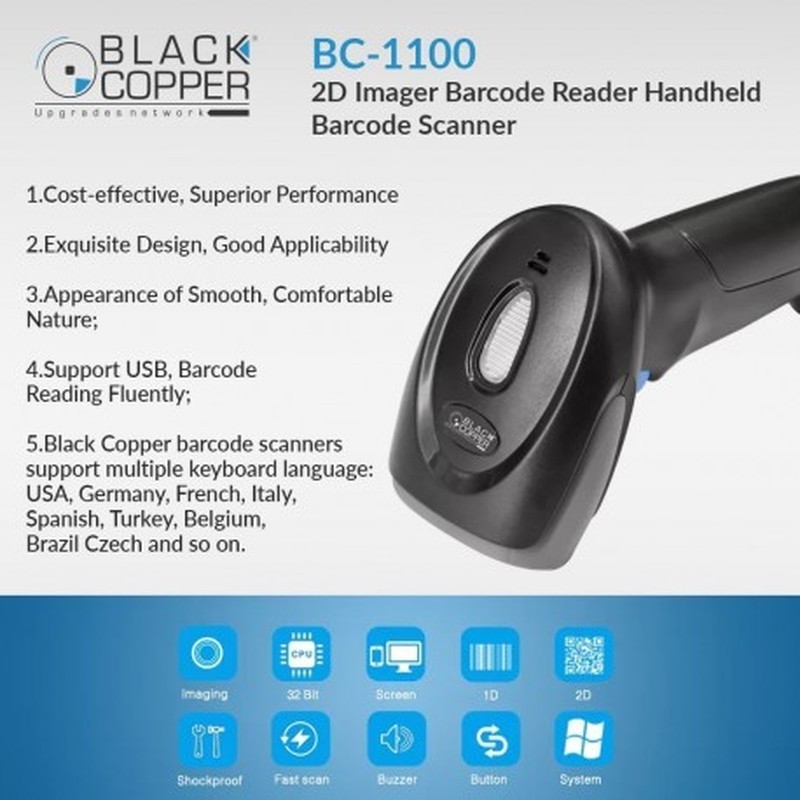 BlackCopper BC1100 2D Handheld Imager Barcode Scanner with Stand