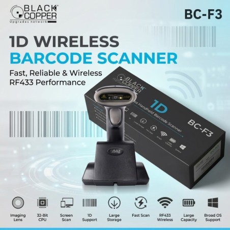 BlackCopper BCF3 1D Wireless Barcode Scanner with Cradle, 100ft Range