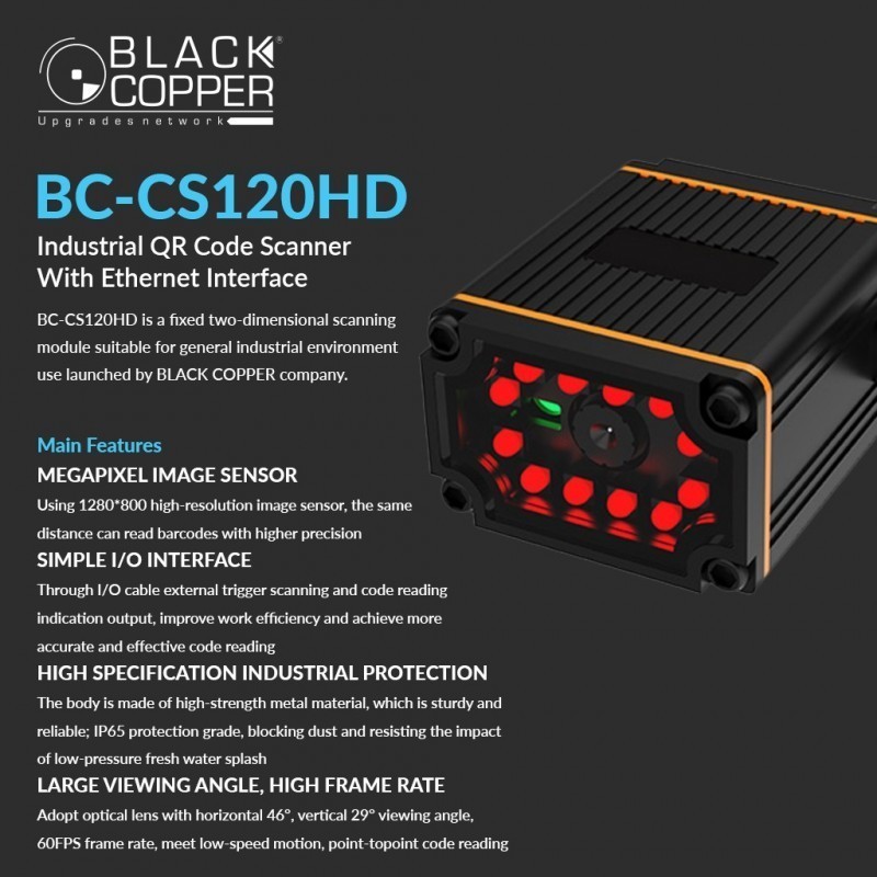 BlackCopper BC-CS120HD Industrial Fixed-Mount 2D QR Code Scanner with Ethernet, IP65