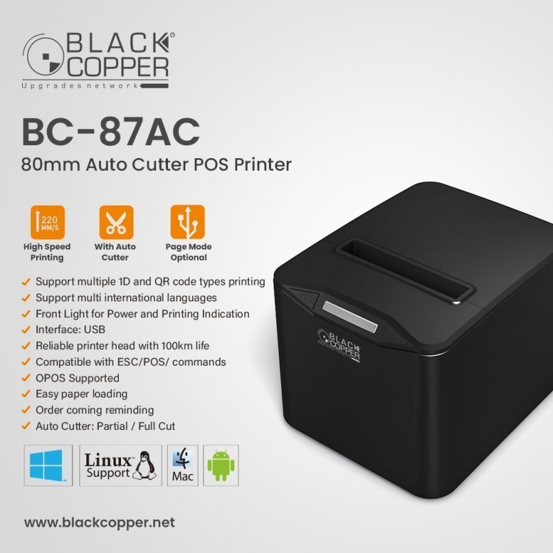 BlackCopper BC87AC-USB 80mm Thermal Receipt Printer, USB, Auto Cutter, 220mm/s