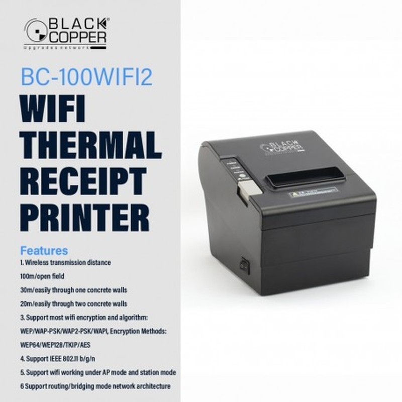 BlackCopper BC100WIFI2 80mm Thermal Receipt Printer, USB + LAN + WiFi, Auto Cutter