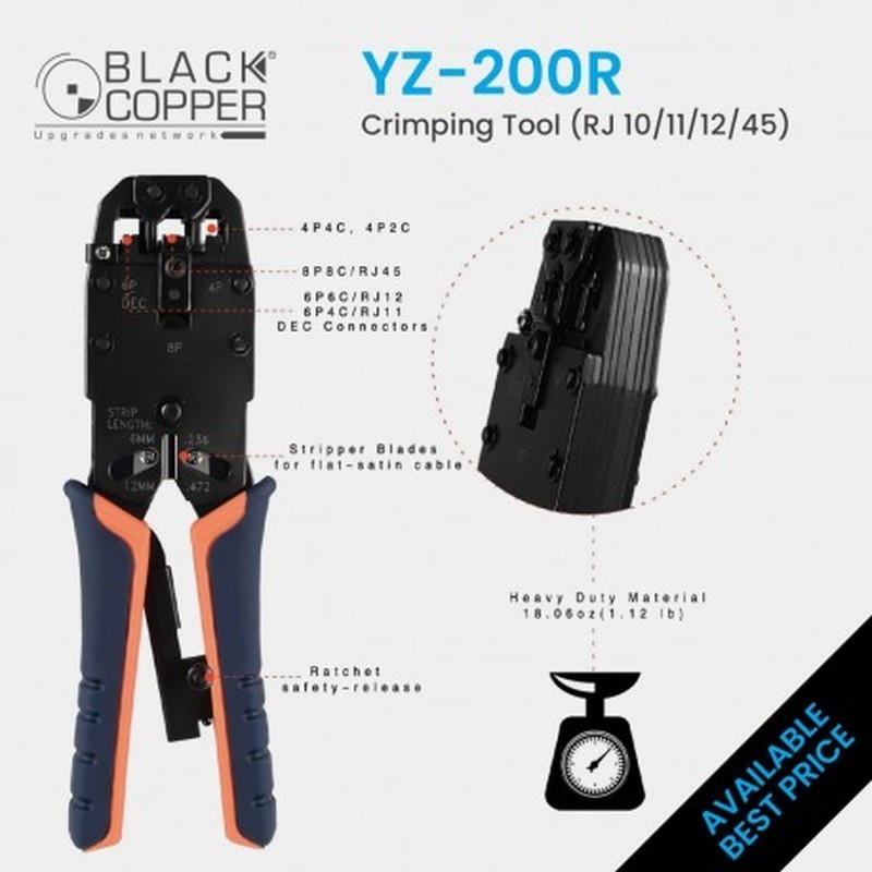 BlackCopper YZ-200R Ratchet Crimping Tool for RJ45 / RJ11 / RJ12