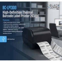 BlackCopper BC-LP1300 4" Desktop Thermal Transfer Barcode Label Printer, 203 DPI, USB