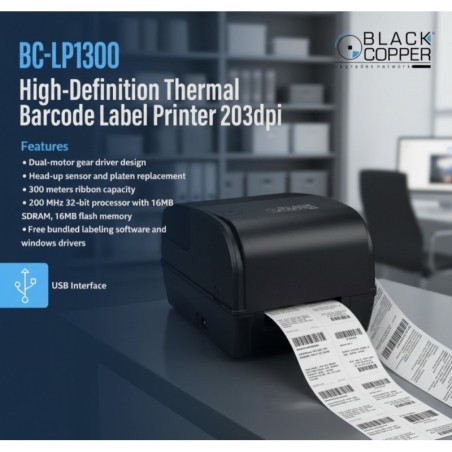 BlackCopper BC-LP1300 4" Desktop Thermal Transfer Barcode Label Printer, 203 DPI, USB