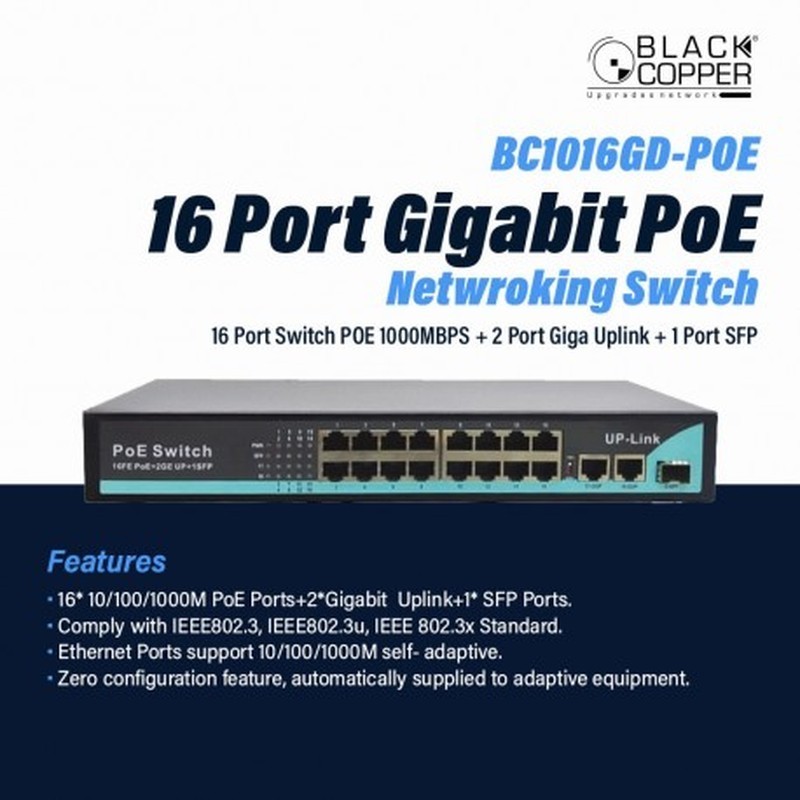 BlackCopper BC1016GD-POE 16-Port PoE Switch with 2 Gigabit Uplinks & 1 SFP Port