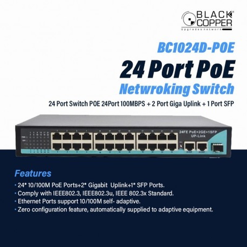 BlackCopper BC1024D-POE 24-Port PoE Switch with 2 Gigabit Uplinks & 1 SFP Port