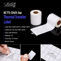 BlackCopper BC-TTL-32x25-3up Thermal Transfer Barcode Label Roll 32 x 25mm, 3-Up, 3,000 Labels, 1.5" Core