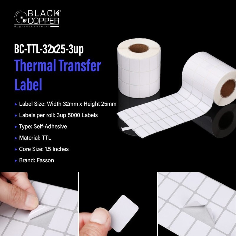 BlackCopper BC-TTL-32x25-3up Thermal Transfer Barcode Label Roll 32 x 25mm, 3-Up, 3,000 Labels, 1.5" Core