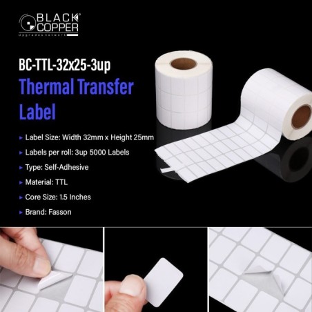 BlackCopper BC-TTL-32x25-3up Thermal Transfer Barcode Label Roll 32 x 25mm, 3-Up, 3,000 Labels, 1.5" Core