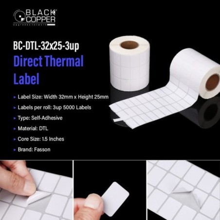 BlackCopper BC-DTL-32x25-3up Direct Thermal Barcode Label Roll 32 x 25mm, 3-Up, 5,000 Labels, 1.5" Core