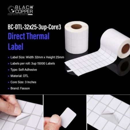 BlackCopper BC-TTL-32x25-3upCore3 Thermal Transfer Barcode Label Roll 32 x 25mm, 3-Up, 15,000 Labels, 3" Core