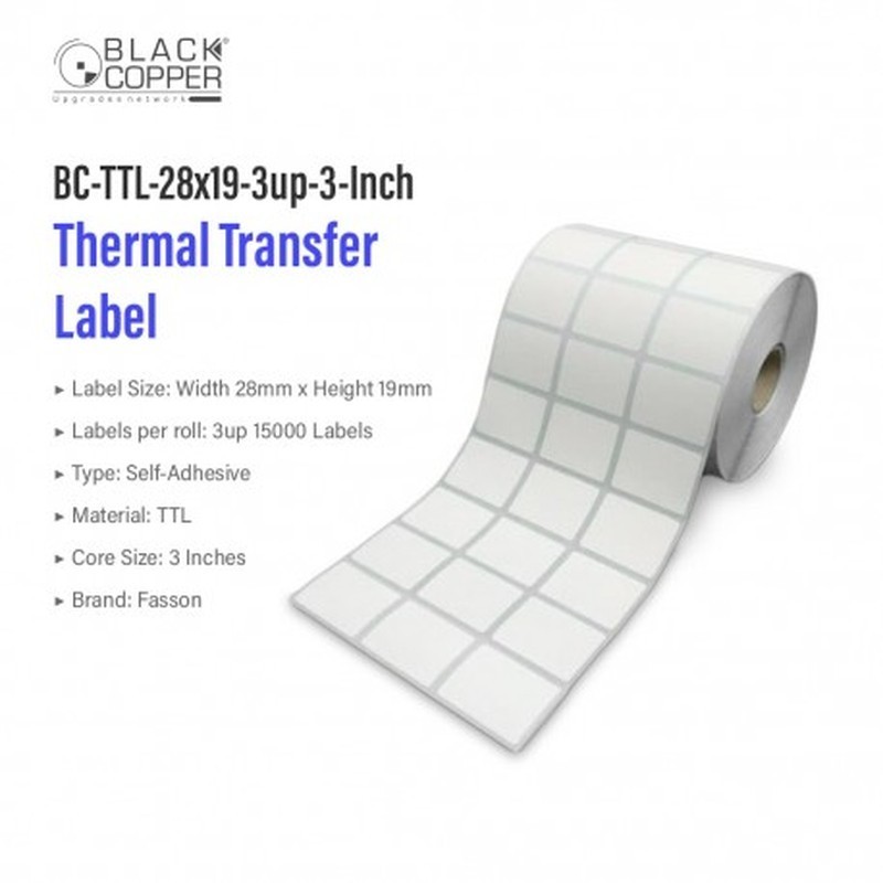 BlackCopper BC-TTL-28x19-3up-3-Inch Thermal Transfer Barcode Label Roll 28 x 19mm, 3-Up, 15,000 Labels, 3" Core