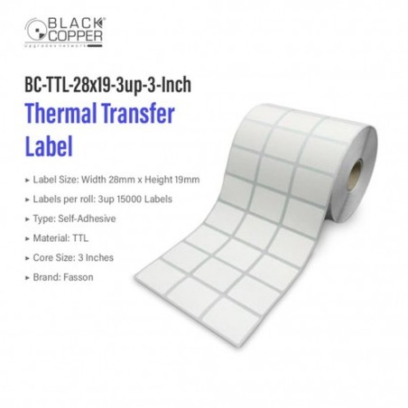 BlackCopper BC-TTL-28x19-3up-3-Inch Thermal Transfer Barcode Label Roll 28 x 19mm, 3-Up, 15,000 Labels, 3" Core