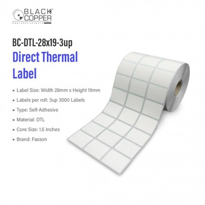 BlackCopper BC-DTL-28x19-3up Direct Thermal Barcode Label Roll 28 x 19mm, 3-Up, 3,000 Labels, 1.5" Core