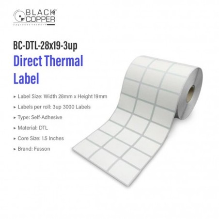 BlackCopper BC-DTL-28x19-3up Direct Thermal Barcode Label Roll 28 x 19mm, 3-Up, 3,000 Labels, 1.5" Core