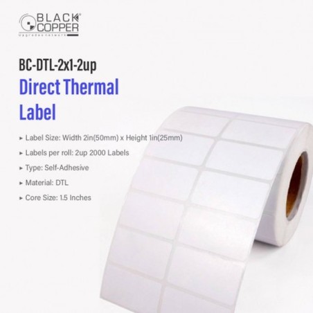 BlackCopper BC-DTL-2x1-2up Direct Thermal Barcode Label Roll 2" x 1", 2-Up, 2,000 Labels, 1.5" Core