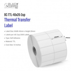 BlackCopper BC-TTL-40x20-2up Thermal Transfer Barcode Label Roll 40 x 20mm, 2-Up, 2,000 Labels, 1.5" Core