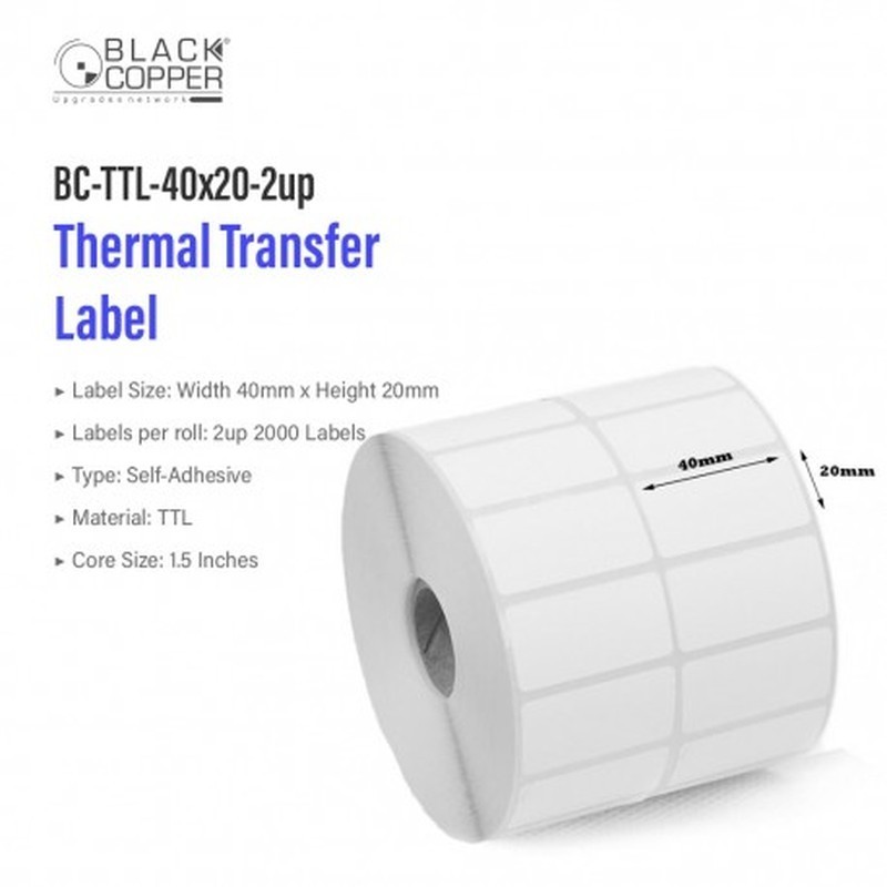 BlackCopper BC-TTL-40x20-2up Thermal Transfer Barcode Label Roll 40 x 20mm, 2-Up, 2,000 Labels, 1.5" Core