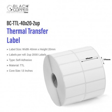 BlackCopper BC-TTL-40x20-2up Thermal Transfer Barcode Label Roll 40 x 20mm, 2-Up, 2,000 Labels, 1.5" Core