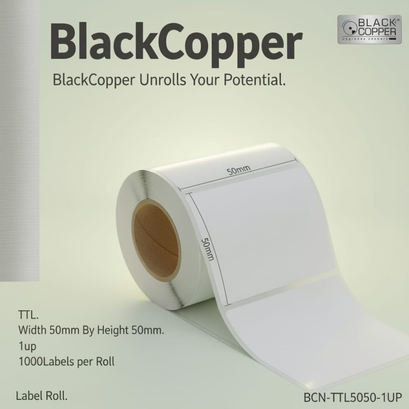 BlackCopper BC-TTL-50x50-1up Thermal Transfer Barcode Label Roll 2" x 2", 1-Up, 1,000 Labels, 1.5" Core