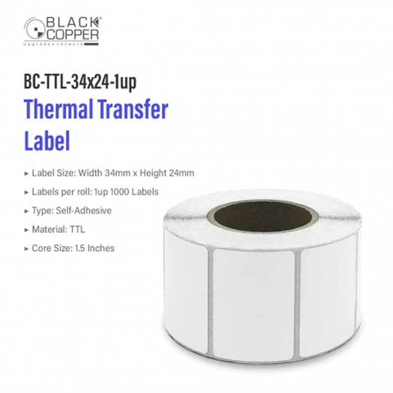 BlackCopper BC-TTL-34x24-1up Thermal Transfer Barcode Label Roll 34 x 24mm, 1-Up, 1,000 Labels, 1.5" Core