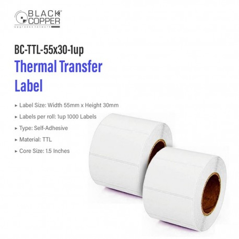 BlackCopper BC-TTL-55x30-1up Thermal Transfer Barcode Label Roll 55 x 30mm, 1-Up, 1,000 Labels, 1.5" Core