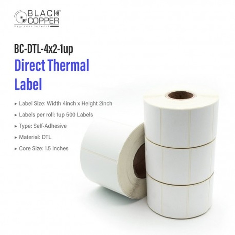 BlackCopper BC-DTL-4x2-1up Direct Thermal Barcode Label Roll 4" x 2", 1-Up, 500 Labels, 1.5" Core