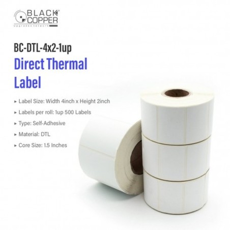 BlackCopper BC-DTL-4x2-1up Direct Thermal Barcode Label Roll 4" x 2", 1-Up, 500 Labels, 1.5" Core