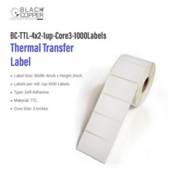 BlackCopper BC-TTL-4x2-1up-Core3-1000Labels Thermal Transfer Barcode Label Roll 4" x 2", 1-Up, 1,000 Labels, 3" Core