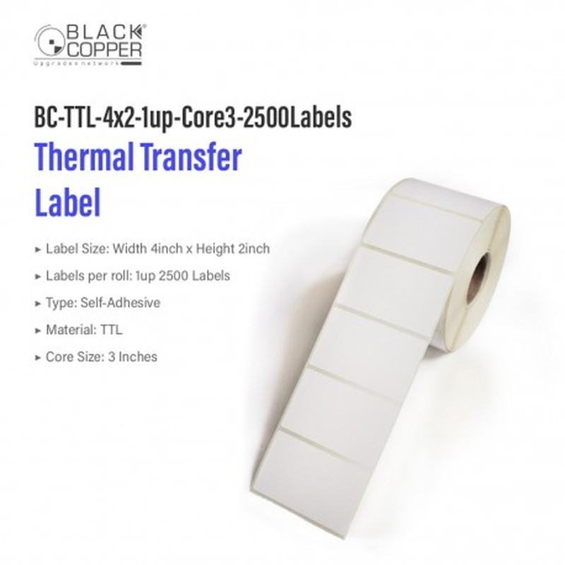 BlackCopper BC-TTL-4x2-1up-Core3-2500Labels Thermal Transfer Barcode Label Roll 4" x 2", 1-Up, 2,500 Labels, 3" Core