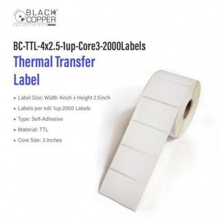 BlackCopper BC-TTL-4x2.5-1up-Core3-2000Labels Thermal Transfer Barcode Label Roll 4" x 2.5", 1-Up, 2,000 Labels, 3" Core