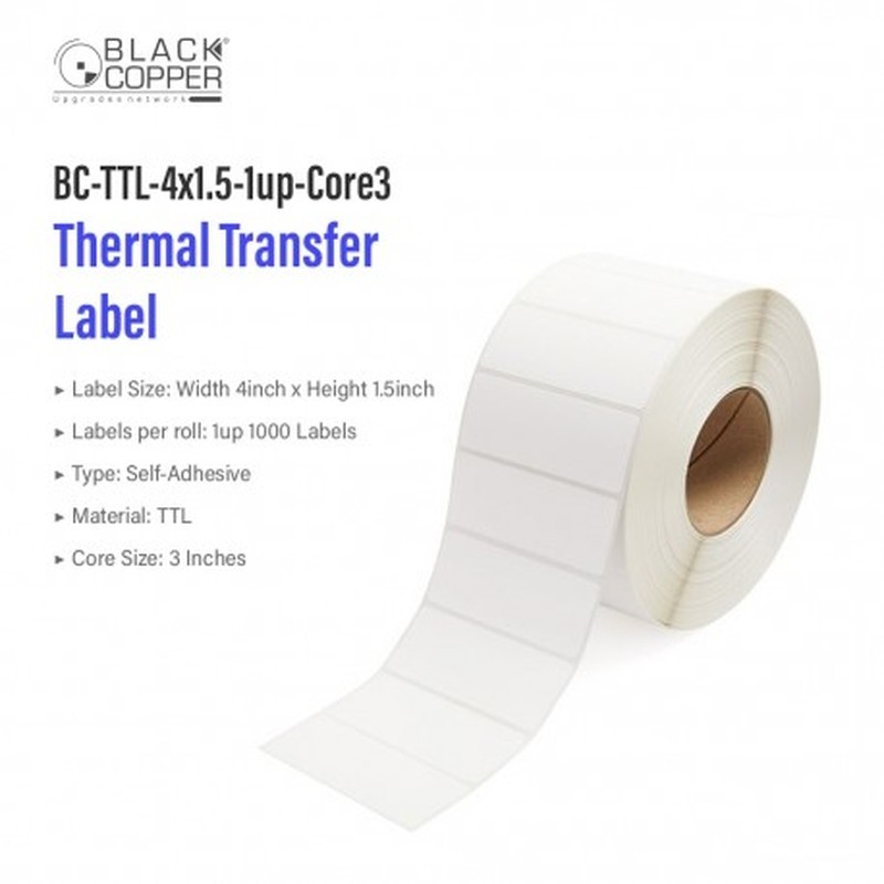 BlackCopper BC-TTL-4x1.5-1up-Core3 Thermal Transfer Barcode Label Roll 4" x 1.5", 1-Up, 1,000 Labels, 3" Core