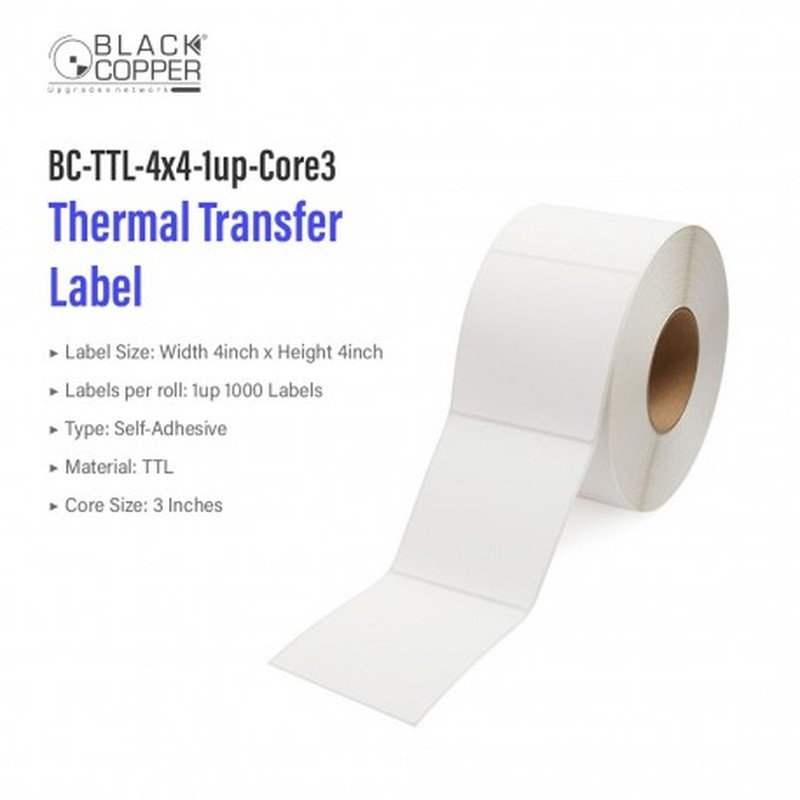 BlackCopper BC-TTL-4x4-1up-Core3 Thermal Transfer Barcode Label Roll 4" x 4", 1-Up, 1,000 Labels, 3" Core