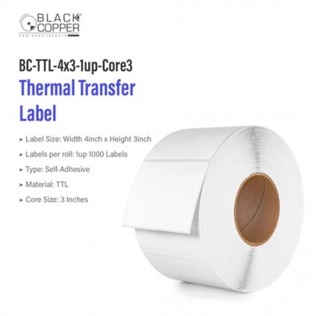 BlackCopper BC-TTL-4x3-1up-Core3 Thermal Transfer Barcode Label Roll 4" x 3", 1-Up, 1,000 Labels, 3" Core