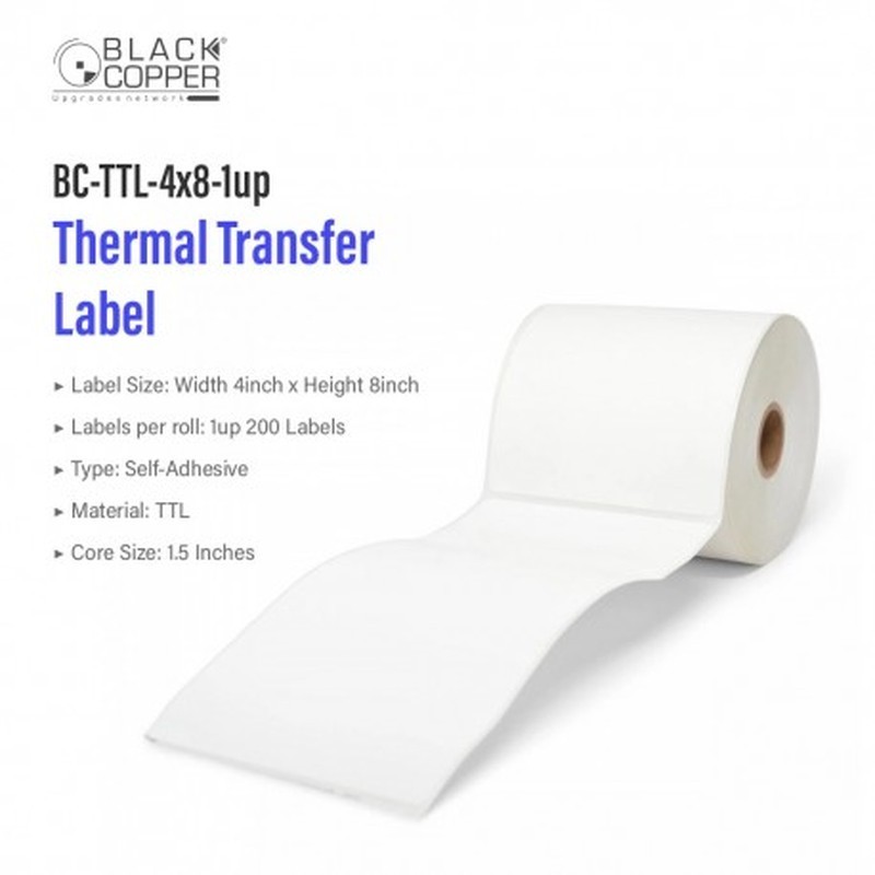 BlackCopper BC-TTL-4x8-1up Thermal Transfer Barcode Label Roll 4" x 8", 1-Up, 200 Labels, 1.5" Core