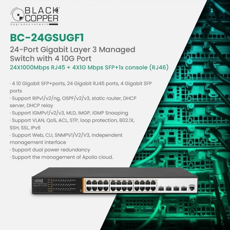 BlackCopper BC-24GSUGF1 24-Port Gigabit Managed Switch with 4 SFP Ports & Console