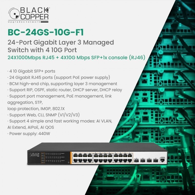 BlackCopper BC-24GS-10G-F1 24-Port Gigabit Managed Switch with 4x 10G SFP+ Uplinks