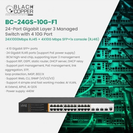 BlackCopper BC-24GS-10G-F1 24-Port Gigabit Managed Switch with 4x 10G SFP+ Uplinks
