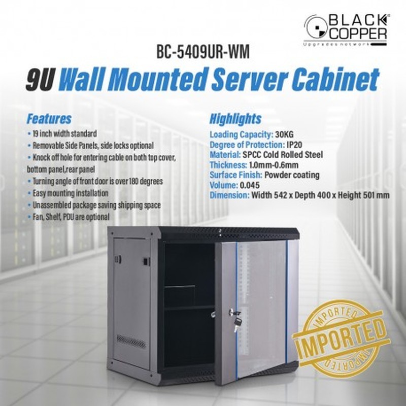 BlackCopper BC-5409UR-WM 9U Wall Mount Network Rack Cabinet, 542 x 400 x 501mm