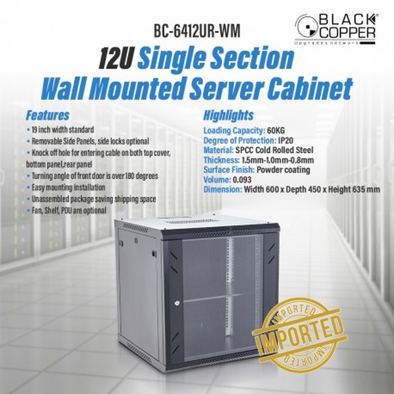 BlackCopper BC-6412UR-WM 12U Wall Mount Network Rack Cabinet, 600 x 450 x 635mm