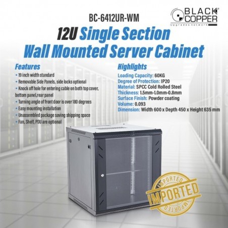 BlackCopper BC-6412UR-WM 12U Wall Mount Network Rack Cabinet, 600 x 450 x 635mm