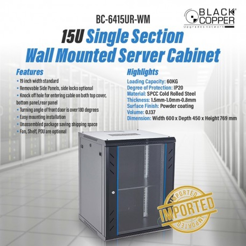 BlackCopper BC-6415UR-WM 15U Wall Mount Network Rack Cabinet, 600 x 450 x 769mm
