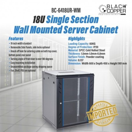 BlackCopper BC-6418UR-WM 18U Wall Mount Network Rack Cabinet, 600 x 450 x 901mm