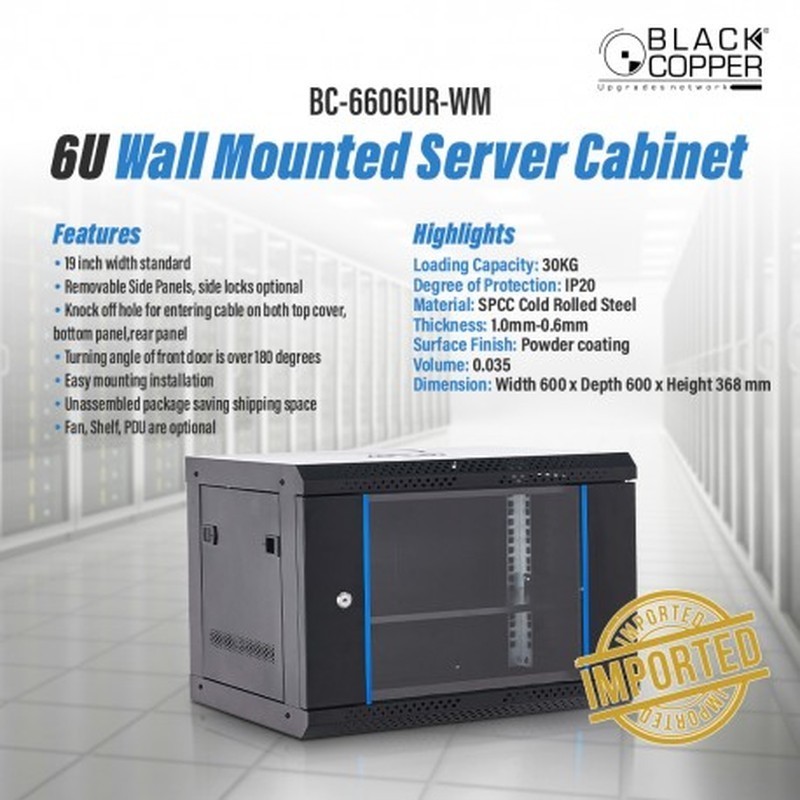 BlackCopper BC-6606UR-WM 6U Wall Mount Network Rack Cabinet, 600 x 600 x 368mm