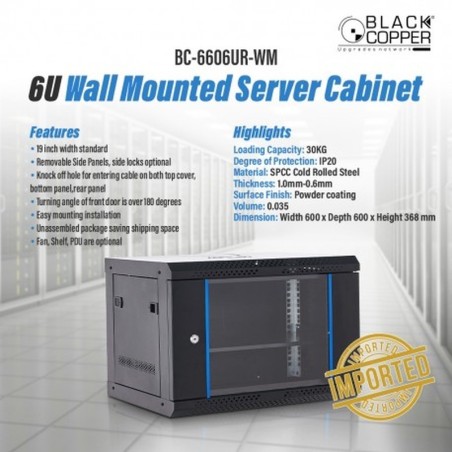 BlackCopper BC-6606UR-WM 6U Wall Mount Network Rack Cabinet, 600 x 600 x 368mm