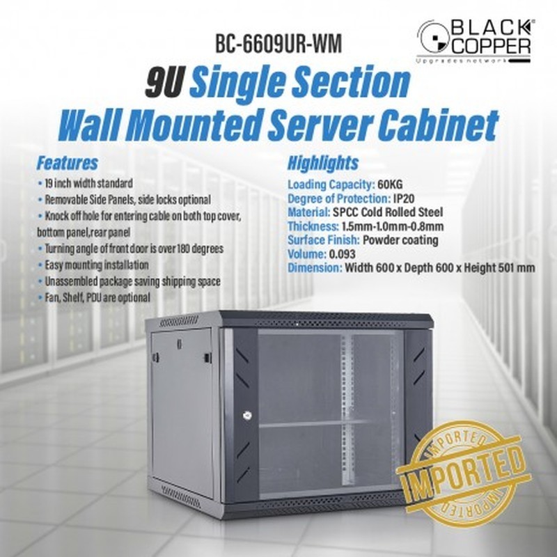 BlackCopper BC-6609UR-WM 9U Wall Mount Network Rack Cabinet, 600 x 600 x 501mm